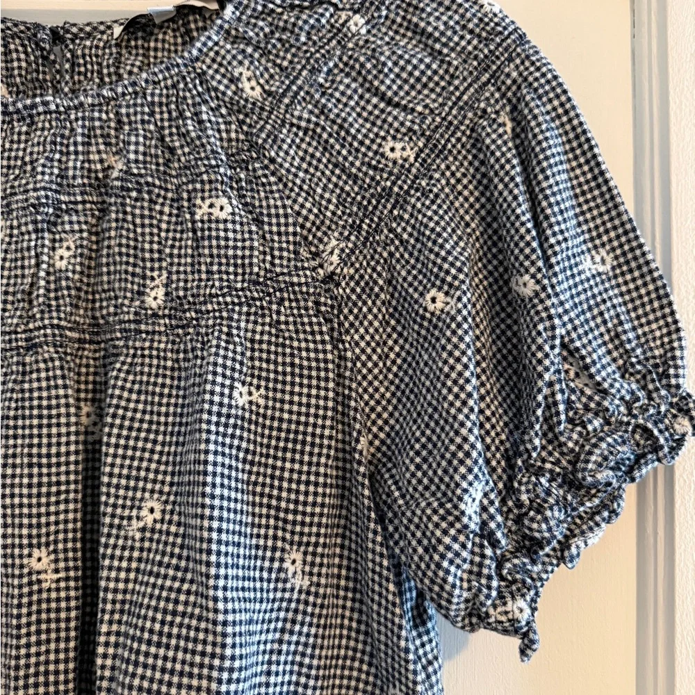 Madewell Embroidered Floral Gingham Ruffle Sleeve Peasant Top Black White M $88